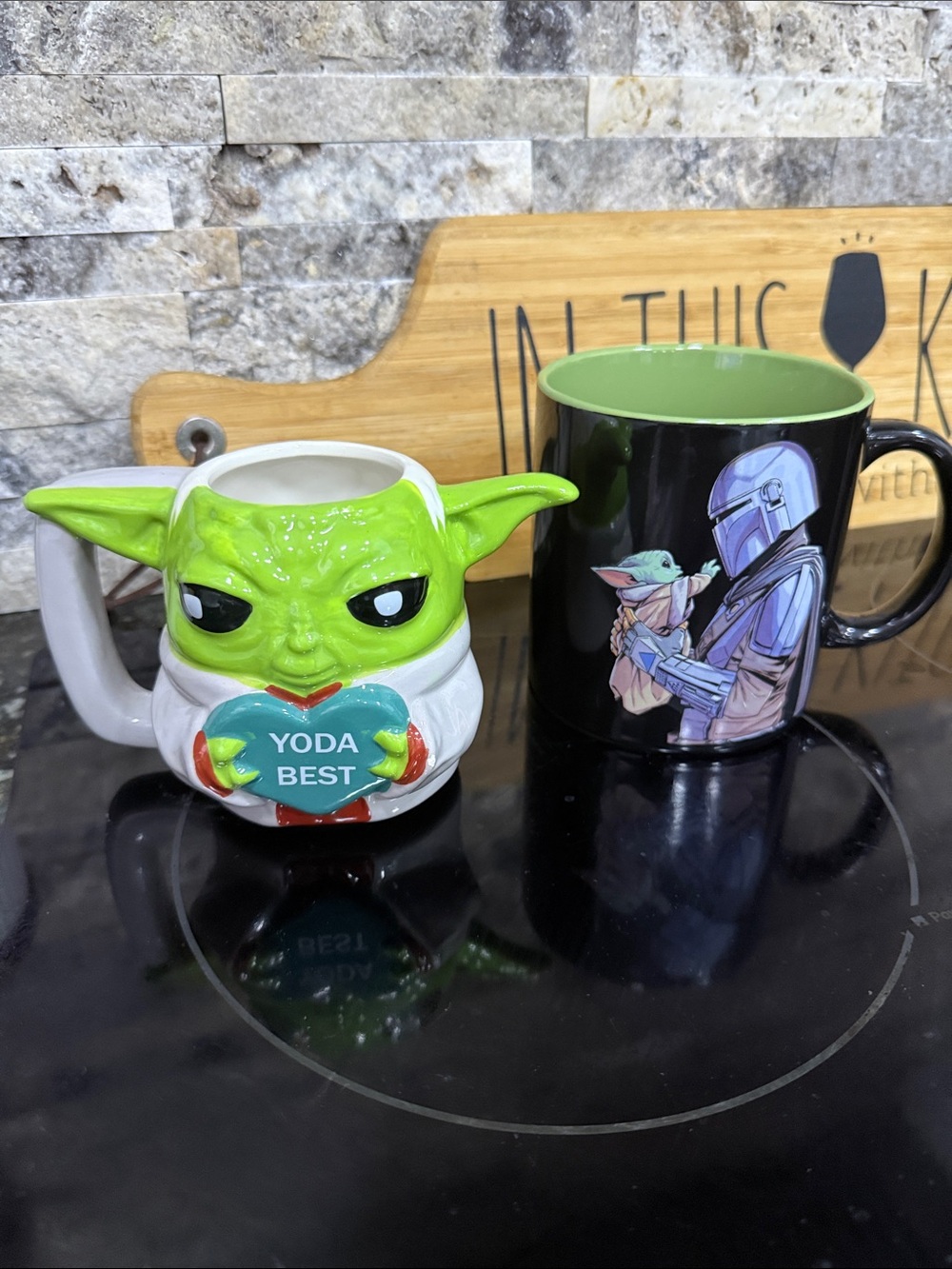 Star Wars Green Yoda Mug and Black Mandalorian Grogu Mug